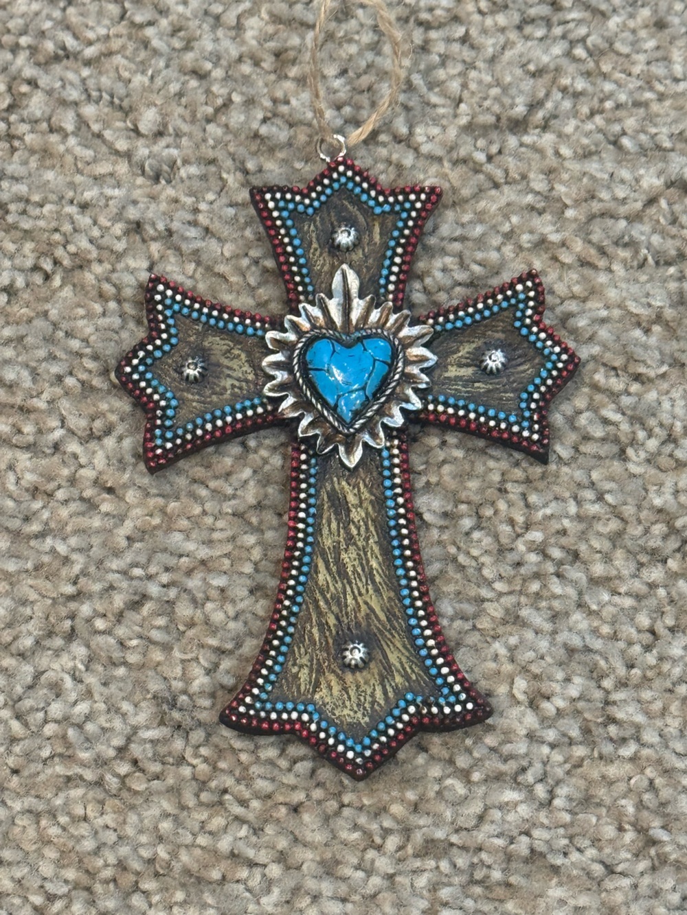 Beautiful Beaded Turquoise Heart Cross 5”x3”